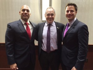 President Ángel Cabrera (center) accepts a $50,000 gift from Jesse Gallo (left) and Eric Knobloch (right) of Cisco Systems, Inc. to develop a new, Mason global classroom initiative in 2015. Photo Courtesy of Office of Global Strategy.