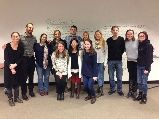 Mason facilitators (from left) Leslie Dwyer, Alex Cromwell and Nawal Rajeh (not pictured, Sarah Federman) with members of the group Tuesday's Children at a conflict resolution workshop. Photo provided.